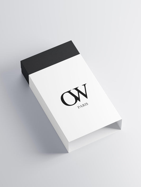 Coffret Rejuvenating Glow OW Paris en vue à plat, design minimaliste et élégant sur fond gris clair.